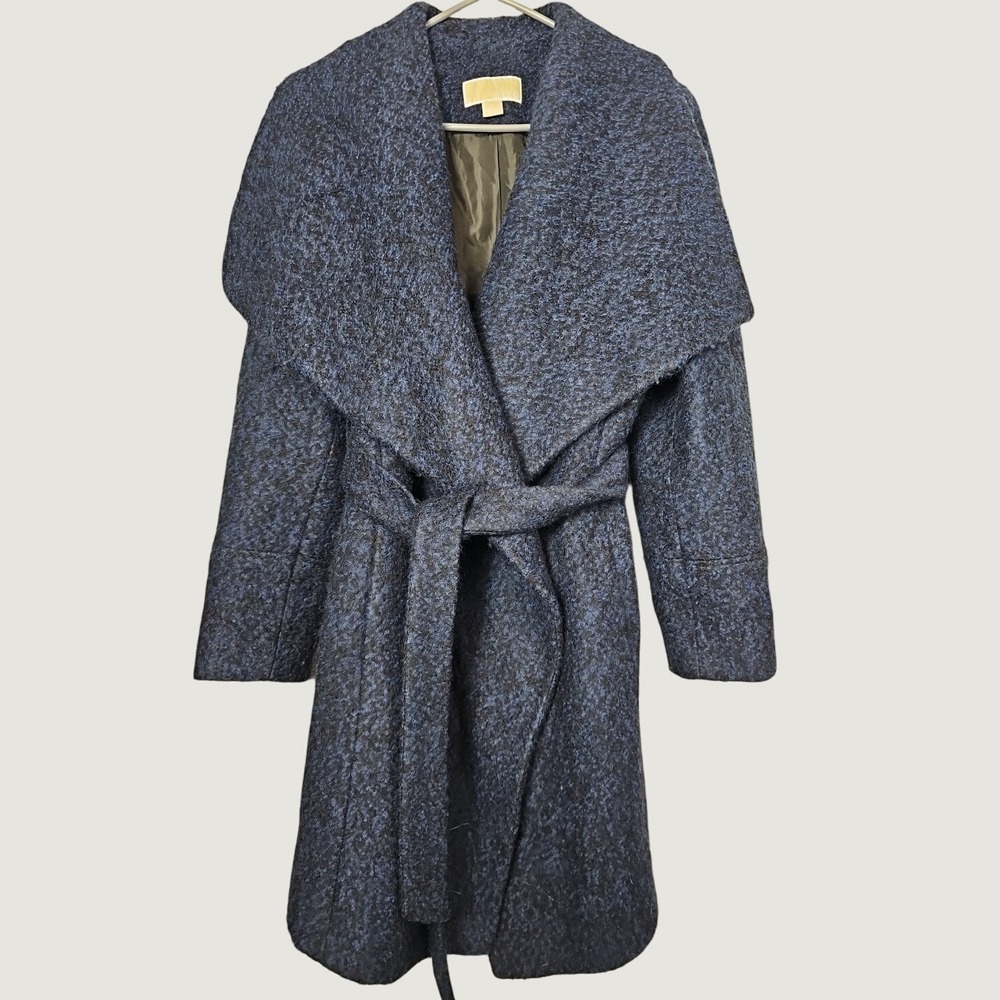 Michael Kors Navy Blue bouclé wrap Womens Large Pocketed Coat Wool Blend